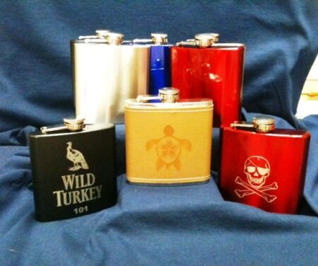FLASK 60z, WITH ENGRAVING AND FUNNEL