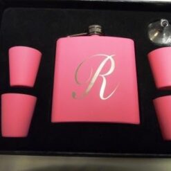 PINK FLASK SET, ENGRAVED